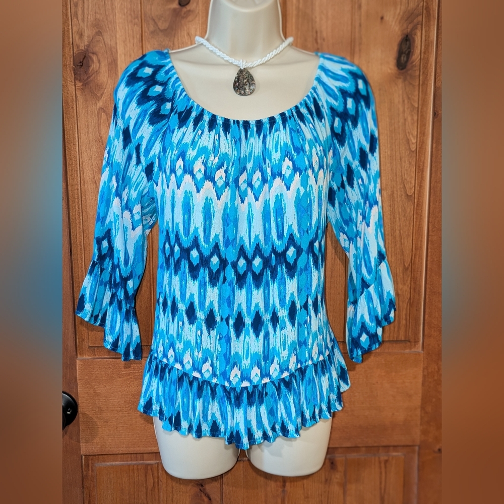 Vintage America Blue Ruffled‎ 3/4 Sleeve Blouse